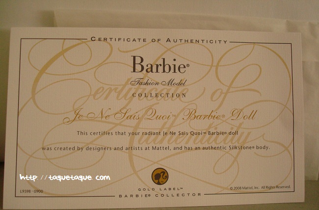 Barbie Silkstone Je ne sais quoi: certificado de autenticidad