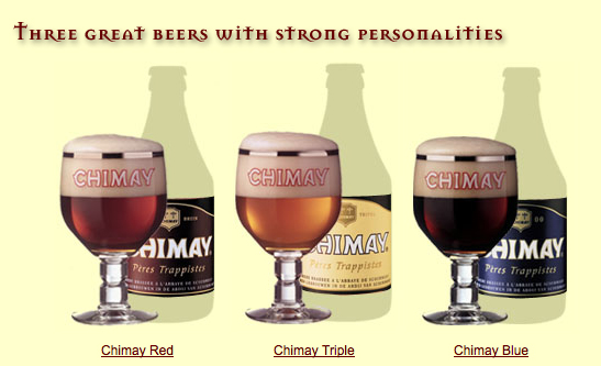 Bruselas Valonia: Cerveza de abadia Chimay: sus tres variedades servidas en sendas copas. Se puede apreciar el diferente color de cada variedad