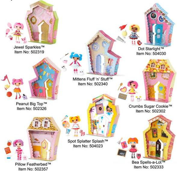 las mini Lalaloopsy que se pueden comprar en España actualmente, con sus respectivas mascotas, los accesorios incluidos en su caja, y sus cajas convertidas en su casita preferida