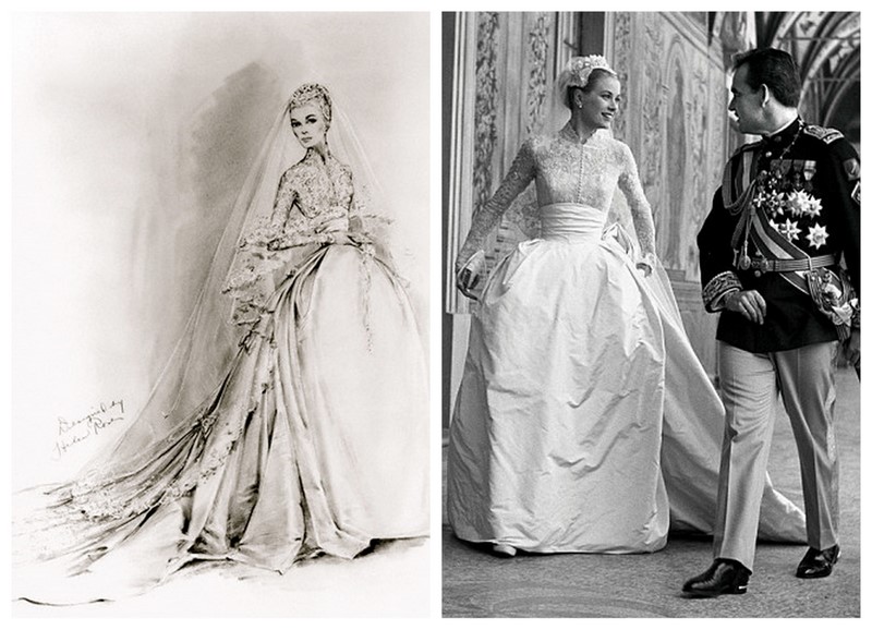 boceto del vestido de novia de Grace Kelly, de Helen Rose, y Grace el día de su boda con el príncipe Rainiero boceto del vestido de novia de Grace Kelly, de Helen Rose, y Grace el día de su boda con el príncipe Rainiero